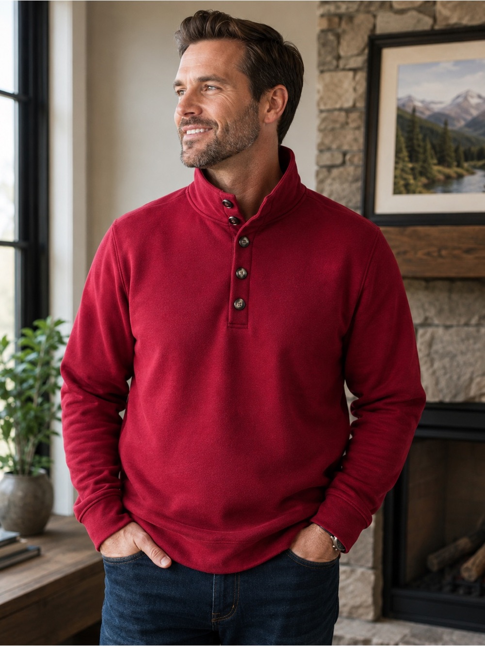 Coofandy Men’s Large Red Fleece Mock Neck Button Pullover Sweatshirt